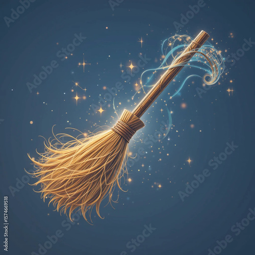 Magical Flying Broomstick with Glowing Sparkles - Fantasy Vector Illustration