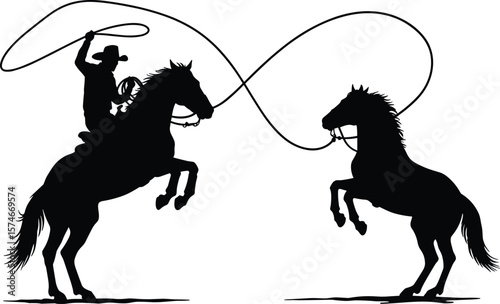 Silhouette of cowboy riding horse with lasso, wild west rodeo scene, rearing horses vector art, equestrian cowboy graphic illustration