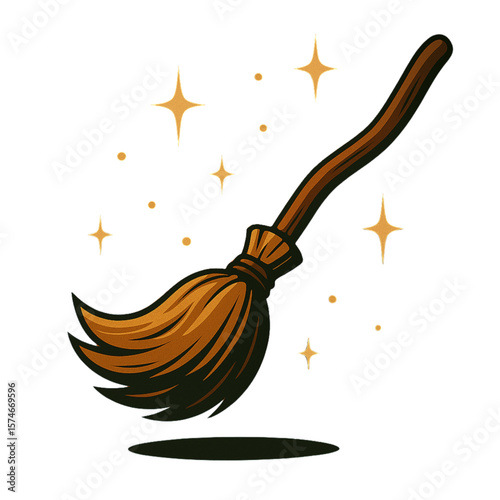 Cartoon Witch's Broomstick with Magical Sparkles - Isolated Vector Icon