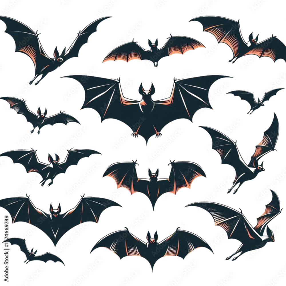 Naklejka premium Set of Detailed Bat Illustrations in a Vintage Engraving Style