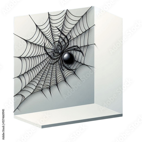 Realistic Spider on a Web in a 3D Box Corner - Modern Vector Illustration