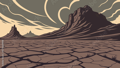 Sharp volcanic hills under stormy sky, cracked earth textures, glowing lava veins at dusk, cinematic view from low angle, hyperrealistic photography, National Geographic style