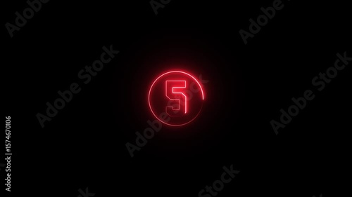 Red Neon Number Five Countdown Timer Circle Glowing Animation Digital Clock Sci Fi Interface