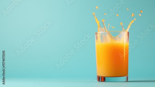 A splash of orange juice in a glass against a teal background