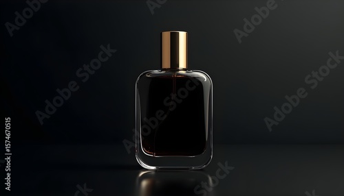 A glass perfume bottle with a gold cap on a dark background