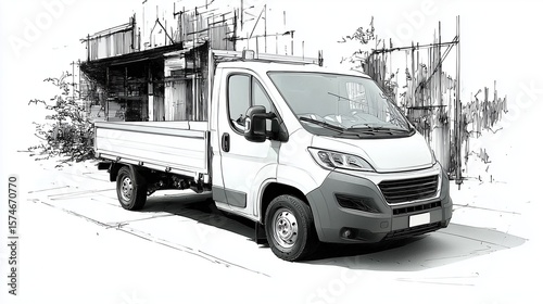 Dessin artistique d'un camion utilitaire blanc moderne avec plateau