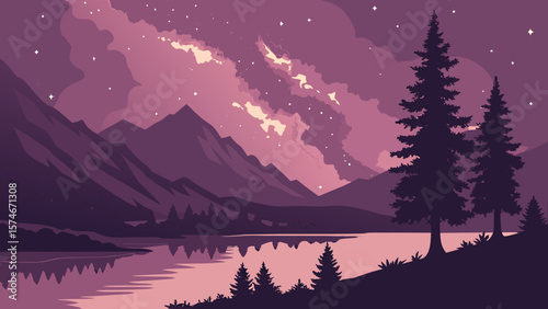 Silhouette of velvet mountain hills under galactic nebula, stars reflecting in mirror lake, cosmic dust in pink and purple hues, astronomy photography