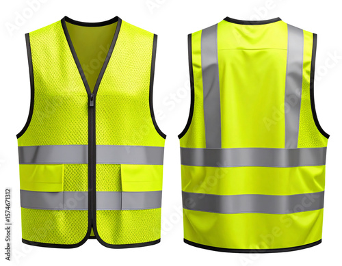 Front and Back View of Yellow Construction Safety Vest, transparent background