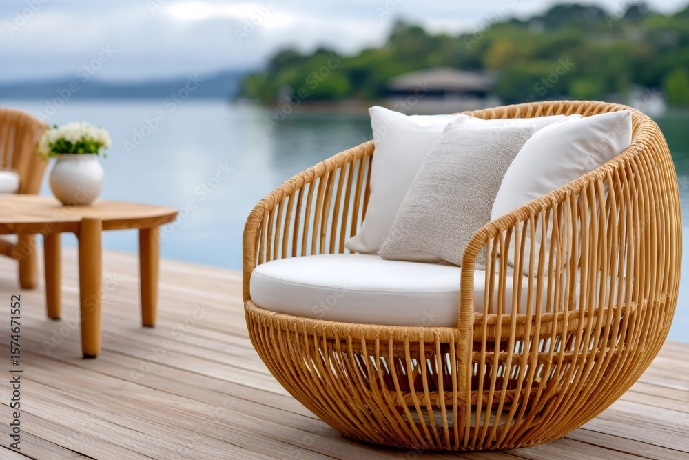 Fototapeta premium Comfortable rattan armchair on wooden terrace overlooking tranquil lake