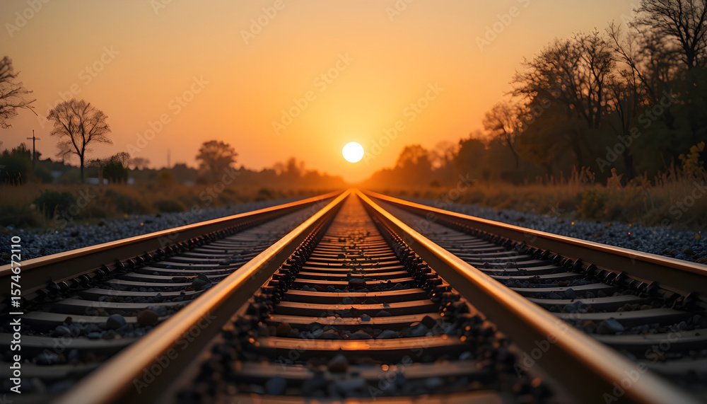 Fototapeta premium Golden Sunset Over Parallel Railway Tracks – Symmetrical Perspective Landscape Photo