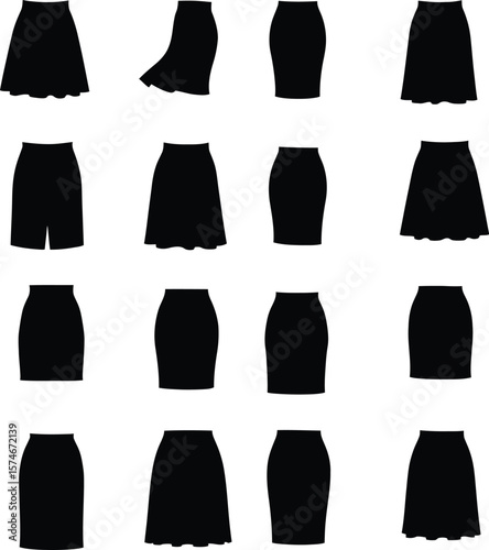 Vector illustration set of women's skirt silhouettes, showcasing diverse styles like pencil, A-line, and flared designs, ideal for fashion, apparel, and wardrobe concepts on white background.