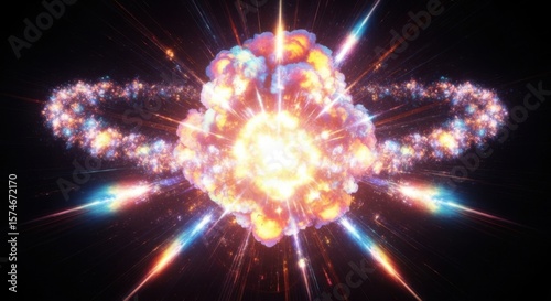 Abstract Fiery Explosion With Swirling Cosmic Debris and Light Beams