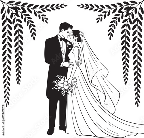 Elegant Wedding Couple Kissing Floral Arch Outline Art Illustration
