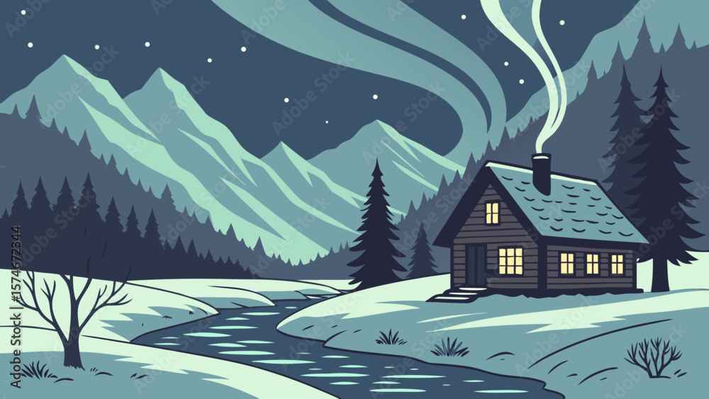 Fototapeta premium Snow-dusted mountain hills under a twilight sky, frozen creek in the foreground, cozy wooden cabin with smoke rising, aurora borealis above, photorealistic 4K