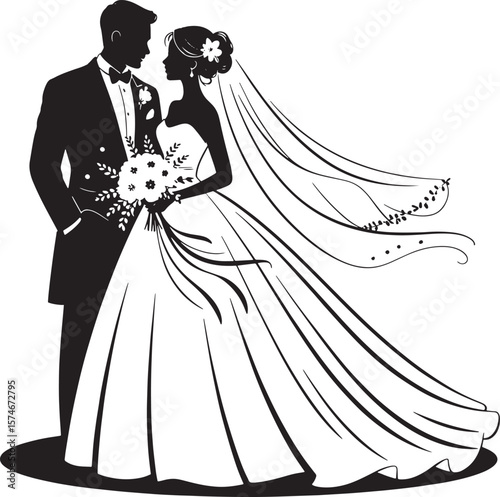 Elegant Wedding Couple Bride Groom Flowing Dress Ceremony Silhouette

