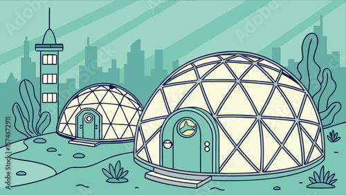 Illustration of two geodesic dome houses with a tower and city skyline in a futuristic landscape