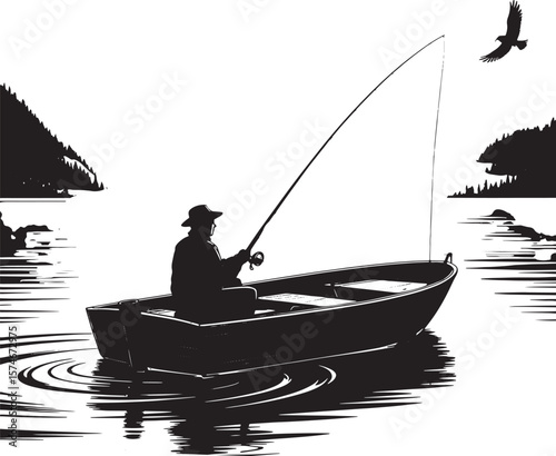 Peaceful Fisherman Sitting Boat Lake River Fishing Leisure Activity