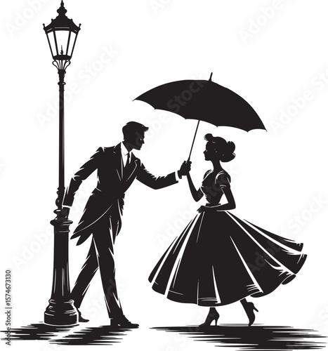Romantic Couple Walking Umbrella Lamppost Vintage Love Story Illustration