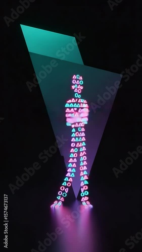 Neon man video clip with colorful glowing symbols on black, abstract human silhouette animation, perfect for electronic music events, nightclubs, stage screens, sci-fi intros, or digital motion graphi