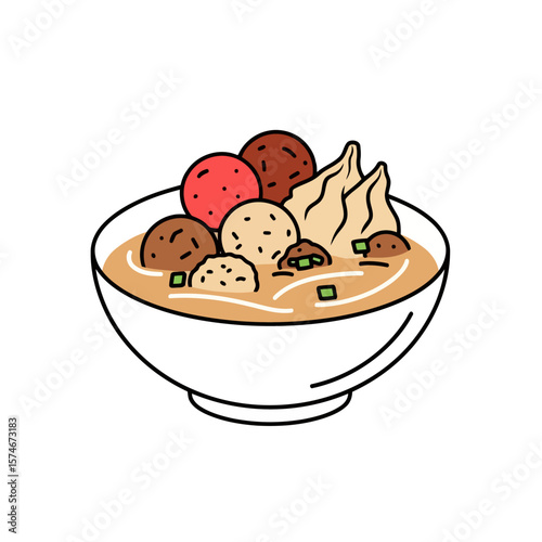 Bakso Malang Illustration: Indonesian Meatball Soup with Tofu and Broth