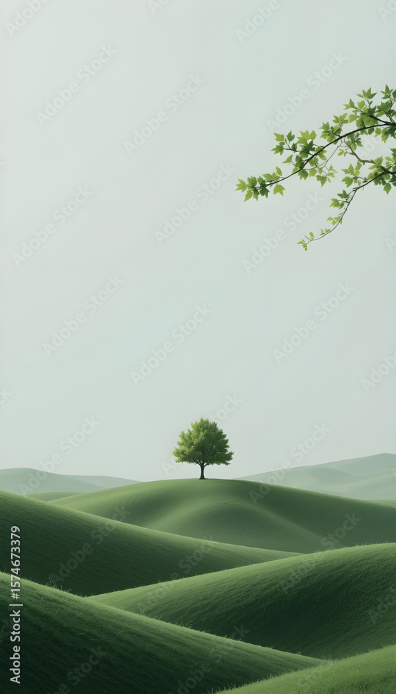 Obraz premium Minimalist Green Hills Landscape with Lone Tree and Gray Sky