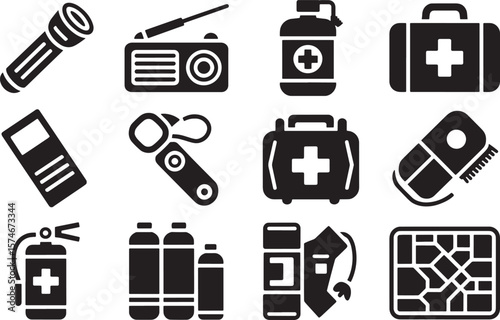 Emergency Preparedness Survival Kit Tools First Aid Safety Equipment Icons