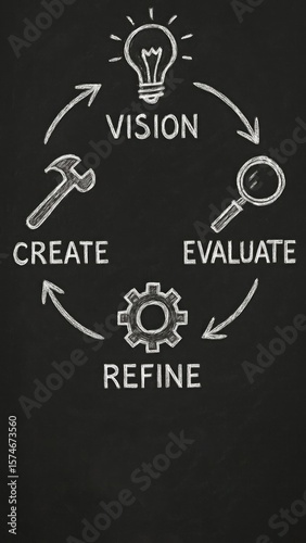 Chalkboard style cycle with icons for production planning and control strategy