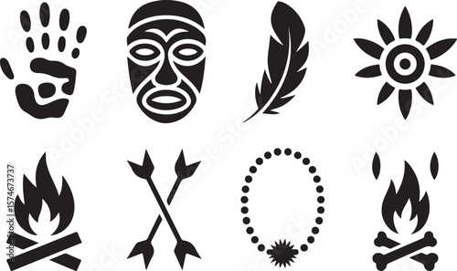 African Tribal Mask Feathers Arrows Beads Ancient Cultural Vector Symbols