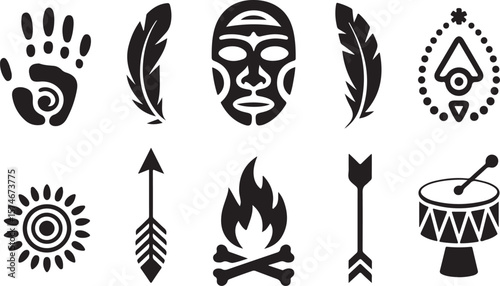 Tribal Cultural Symbols African Mask Feathers Arrows Fire Bones Vector Set