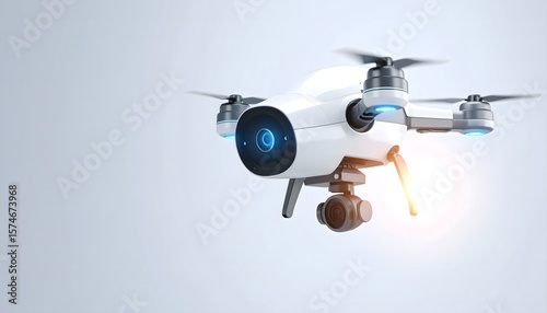 Floating AI surveillance droid with glowing sensors, positioned in lower-left. White gradient background creates clean space for UI, overlay, or ad design.
