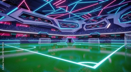 Futuristic Neon Soccer Stadium with Glowing Lines and Modern Architecture