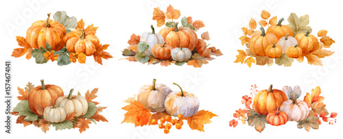 Watercolor pumpkins composition with fall leaves. Thanksgiving harvest, decorative autumn vector set