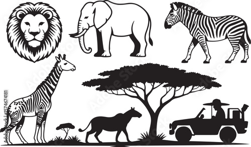 African Safari Wildlife Animals Landscape Vector Silhouettes Graphic Design Elements