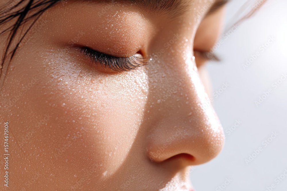 Fototapeta premium Close-up view of a person's face with sweat droplets.