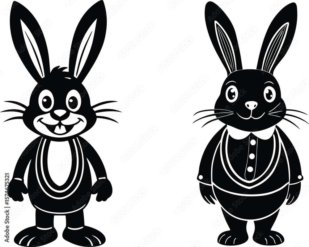 Fototapeta premium Set of Cartoon Rabbits Silhouette in Stylish Outfits