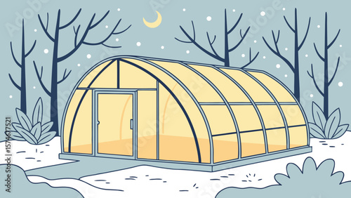 Illustration of a greenhouse in winter with snow and trees under a crescent moon in the sky