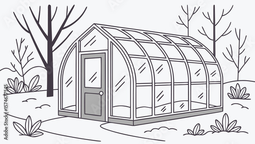 Illustration of a greenhouse with a glass roof and door surrounded by trees and plants in a garden setting