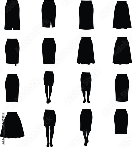 Vector illustration set of diverse women's skirts in various styles, lengths, and colors, including A-line, pencil, and pleated designs, representing fashion, versatility, and female apparel.