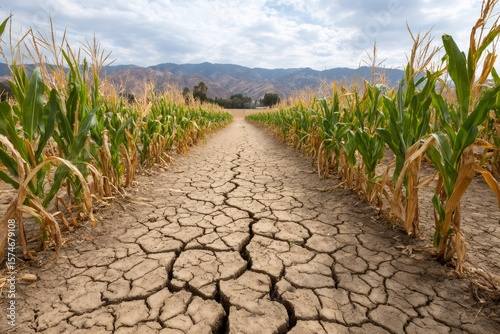 Dry cracked soil in cornfield during drought, threatening agriculture and farming