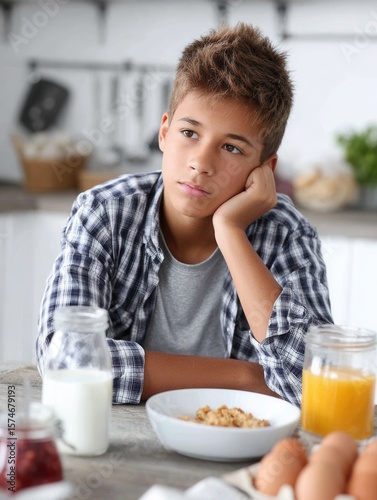 Pensive hispanic teen boy sitting at breakfast table with milk and juice in a kitchen setting.