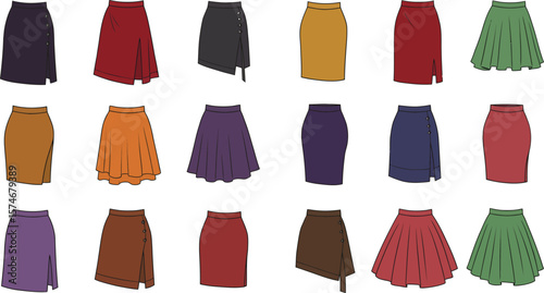 Vector illustration set of diverse women's skirts in various styles, lengths, and colors, including A-line, pencil, and pleated designs, representing fashion, versatility, and female apparel.