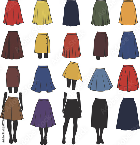 Vector illustration set of diverse women's skirts in various styles, lengths, and colors, including A-line, pencil, and pleated designs, representing fashion, versatility, and female apparel.