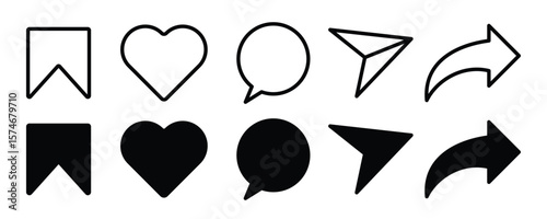 Social Media Icons Set . Like, Share, Save, Message, Comment, Send, Arrow, Minimal Vector

