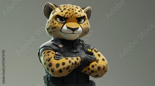 Fierce looking cheetah dressed in bodyguard gear, arms crossed, minimalist background, generative ai