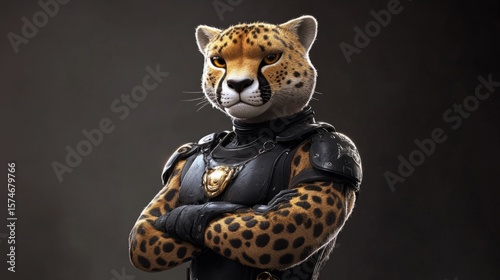 Fierce looking cheetah dressed in bodyguard gear, arms crossed, minimalist background, generative ai