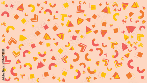 Pink background with scattered geometric shapes. Abstract vector background for presentation, banner, creative poster design.