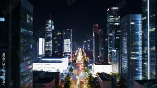Nighttime aerial view of a modern cityscapes