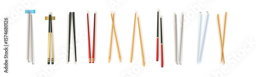 Realistic 3d Food Chopsticks Set Different Types. Vector illustration of Traditional Asian Bamboo Utensils Color Chopstick