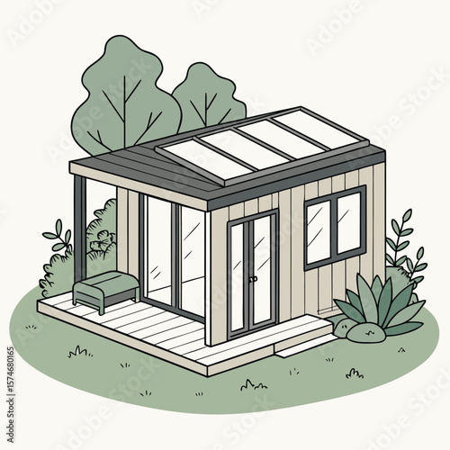 Illustration of a modern tiny house with solar panels, trees, and plants in a green yard