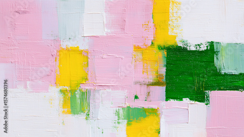 Abstract painting with blocks of pink, green, yellow, and white on canvas.